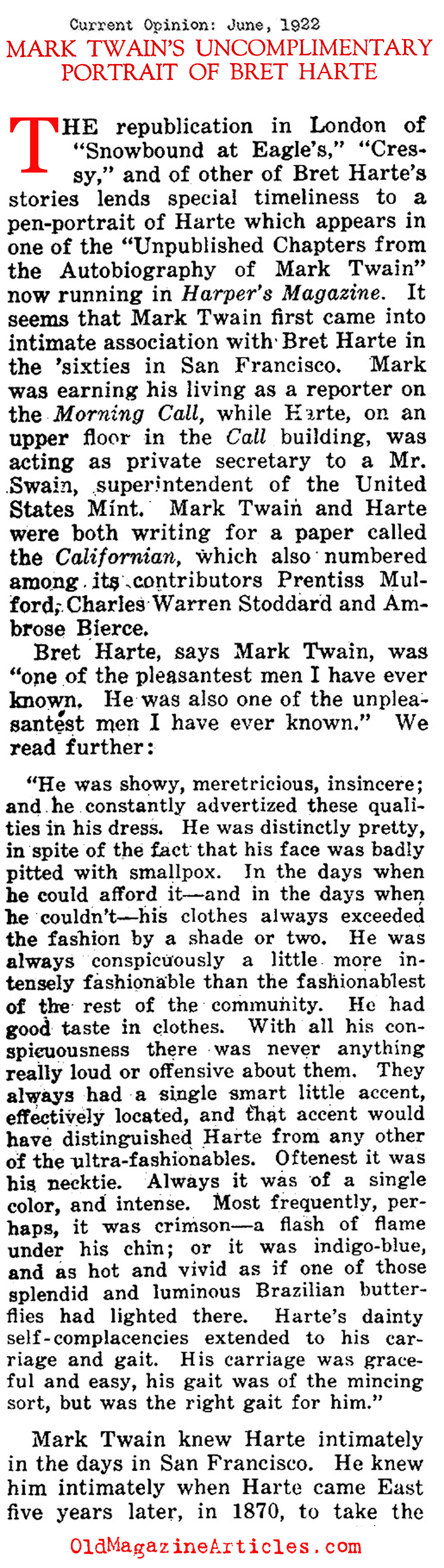 Mark Twain's Unkind Portrait of Bret Harte (Current Opinion, 1922)